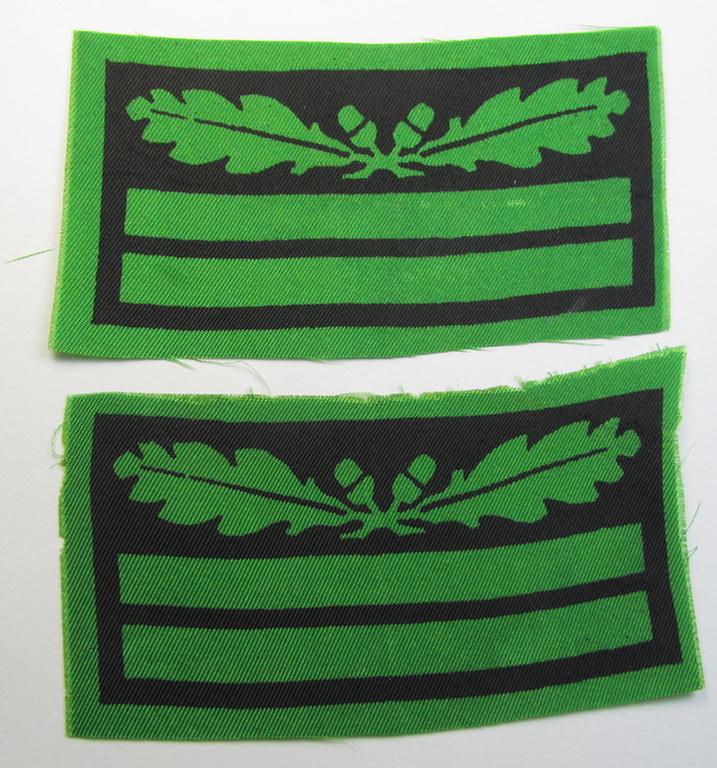 Attractive - and fully matching! - pair of officers'-pattern, WH (Heeres o. Waffen-SS) rank-insignia-bars (for usage on the various camouflaged-uniforms) as intended for an officer holding the rank of: 'Oberleutnant' (ie.: 'Waffen-SS Obersturmfüh...