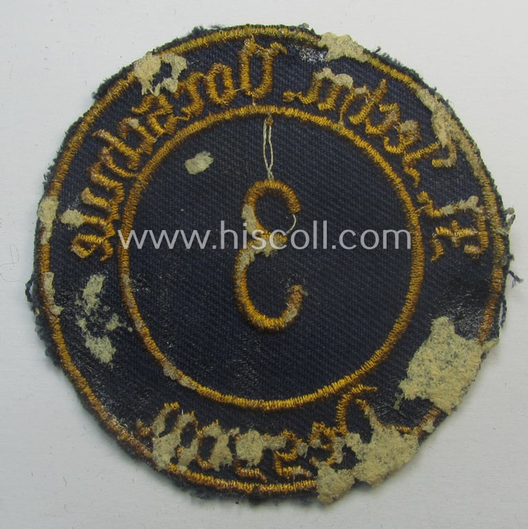 Truly used- and/or worn, HJ- (ie. 'Flieger-HJ') specialist-armbadge (or: 'Schulabzeichen') depicting the text: 'Techn. Vorschule d. Luftwaffe - 3 - Dessau'