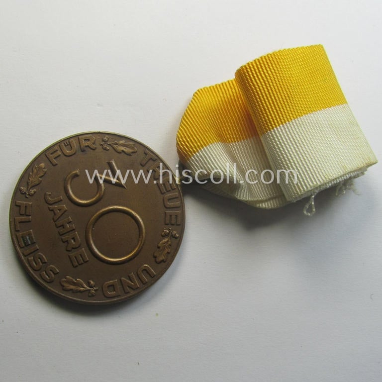 Golden-bronze-toned, typical 'Reichsnährstand'- (ie. 'RNSt.'-) related, (portable) loyal-service-award entitled: 'Reichsnährstand - Landesbauernschaft Schlesien - Für 30 Jahre Treue und Fleiss'