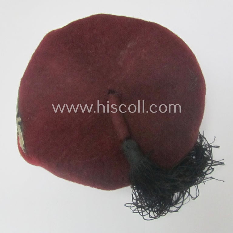 Maroon-red-coloured, Waffen-SS-pattern so-called: 'Fez' having a neat - and fully matching! - silver-grey-coloured- and/or 'BeVo'-woven insignia-set originally- (ie. 'off-factory'-) attached