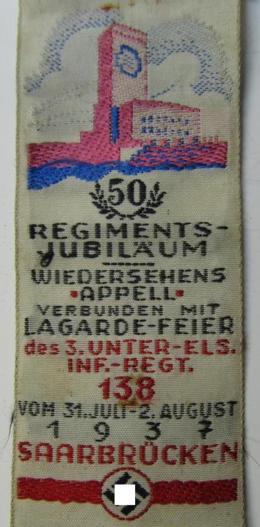 Neat - and with certainty unusually seen! - commemorative and/or: 'silk'-based, so-called: 'Veranstaltungsabzeichen' depicting a building coupled with the text: '50. Regiments-Jubiläum - Wiedersehens-Appell', Saarbrücken - 31. Juli - 2. August...