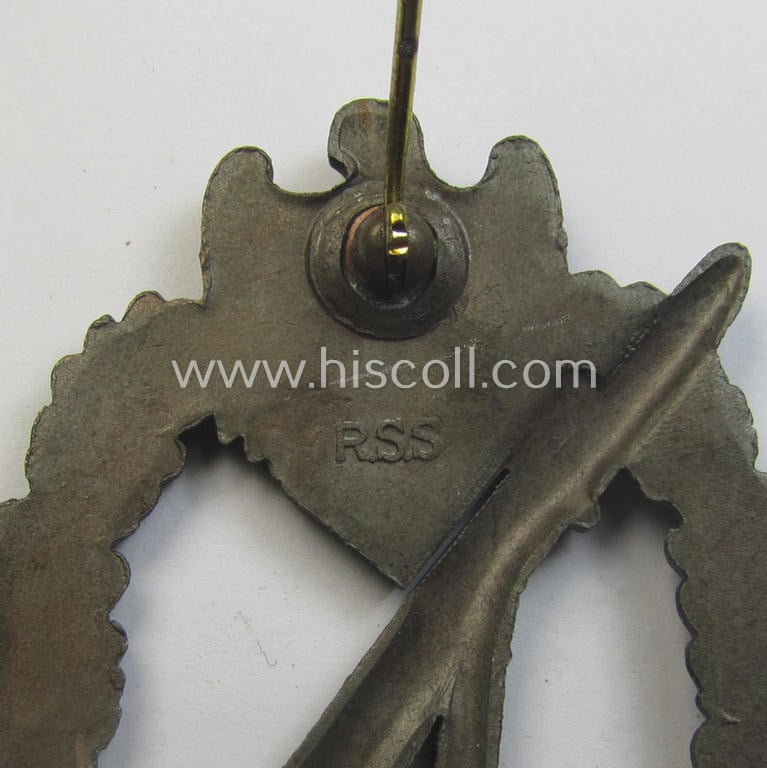 Hardly used, 'Infanterie Sturmabzeichen in Bronze' being a clearly maker- (ie. 'RS&S'-) marked, 'semi-hollow-back' example by the desirable maker: 'Richard Sieper u. Söhne' as was executed in golden-bronze-coloured, zinc-based metal