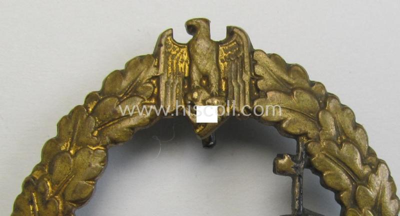 Attractive - albeit moderately worn! - WH (Kriegsmarine) 'Zerstörerkriegsabzeichen' being a maker-marked example as executed in typical 'Buntmetall' as was produced by the desirable maker (ie. 'Hersteller'): 'Schwerin - Berlin'