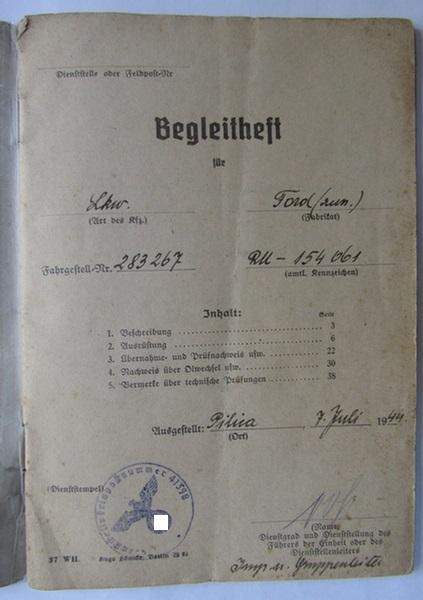 Neat - and truly unsually encountered! - WH vehicle-ID-paper (or: 'Begleitheft') as was issued for a: 'Lastkraftwagen Ford (Rum.)' holding the license-plates: 'RU-15461' that comes in a fully complete and/or filled-in condition