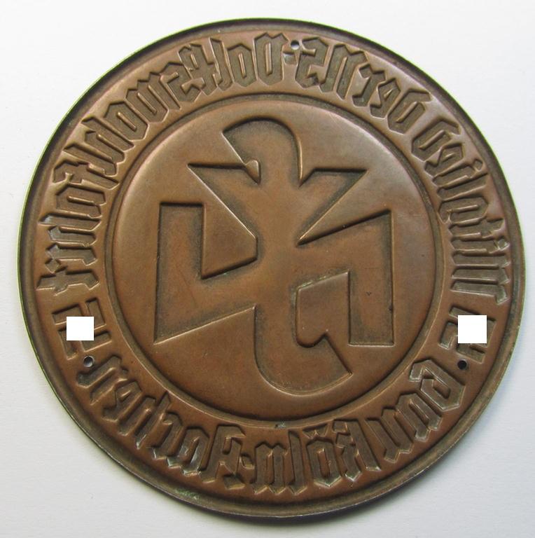 Attractive - and very detailed! - neatly reddish-bronze-coloured (and I deem copper-toned- ie. 'tin-metal'-based-) so-called: 'door-plaque' (ie. 'Türplakette') entitled: 'Mitglied der N.S.-Volkswohlfahrt' (N.S.V.) - Gau Köln-Aachen'