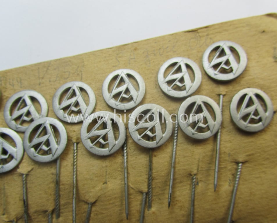'Virtually mint', SA- (ie. 'Sturmabteilungen der N.S.D.AP.'-) related lapel-pin (ie. 'Zivilabzeichen') being a silvered 'Feinzink'-based example that bears the makers'-designation: RzM M1/24 (= 'Overhoff & Cie. ')