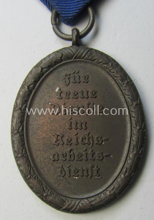 Attractive example of a: RAD (ie. 'Reichsarbeitsdienst'): 'Dienstauszeichnung 4. Stufe für Männer' as was intended for 4 years loyal-service and that comes mounted onto its period (broad-sized) ribbon (ie. 'Bandabschnitt')