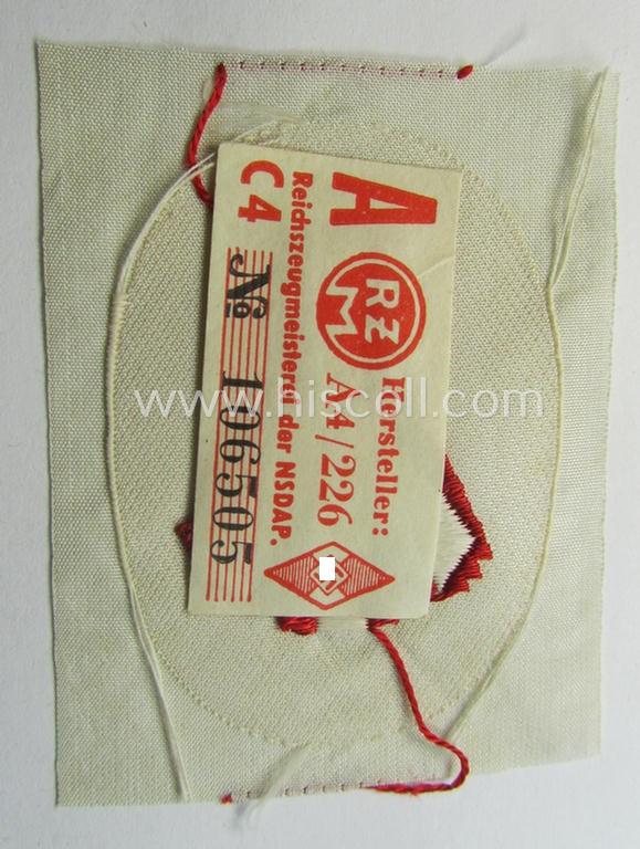 HJ/BDM (ie. 'Hitlerjugend'/'Bund Deutscher Mädel') trade- or specialist-armbadge as executed in neat 'BeVo'-weave pattern as was intended for usage by a: 'Feldscher' (or: medical orderly) still retaining its period 'RzM'-etiket