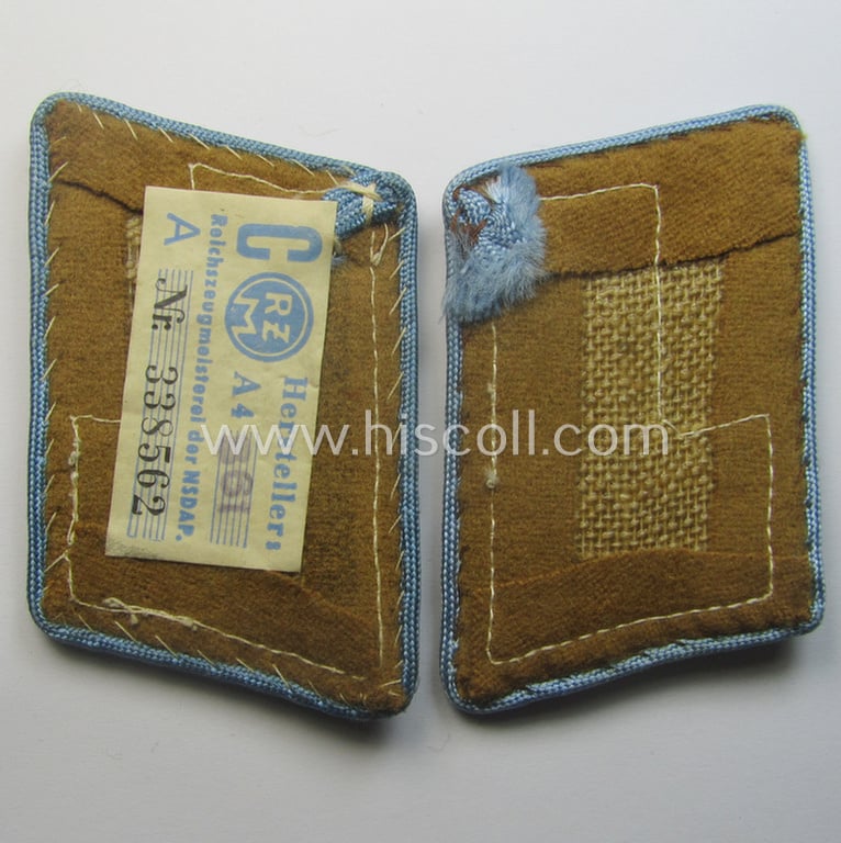 Pair of N.S.D.A.P.-type collar-patches (ie. 'Kragenspiegel für pol. Leiter') being a pair as was intended for an: 'N.S.D.A.P.-Hauptstellenleiter' at 'Orts'-level that still shows its period-attached 'RzM'-etiket