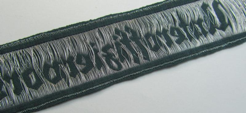 Superb example of an - actually scarcely encountered! - WH (Heeres) linnen-based cuff-title (ie. 'Ärmelstreifen') entitled: 'Unteroffiziervorschule' (as was executed in so-called: 'flat-wire'-style- ie. 'BeVo-weave'-pattern)