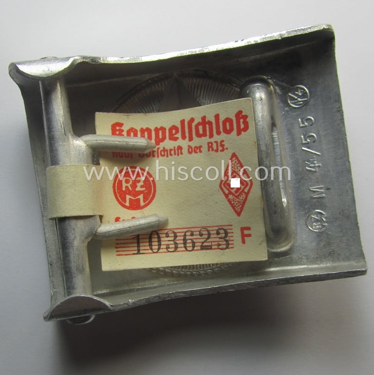 Superb - and virtually stonemint! - HJ (ie. 'Hitlerjugend') aluminium-based- (and/or unusually 'molded'-pattern!) belt-buckle being a maker- (ie. 'RzM M4/55'-) marked example that still retains its period 'RzM'-etiket