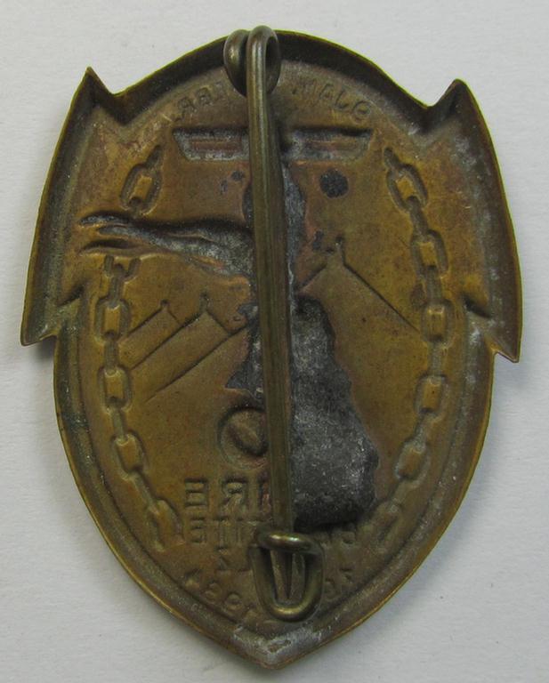 Commemorative - and truly unusally seen! - golden-coloured, N.S.D.A.P.-related 'tinnie' depicting a detailed illustration of a hand holding a torch and eagle-device coupled with the text: '9. Jan.-12. Febr. - 10 Jahre befreite Pfalz - 1924 - 1934...