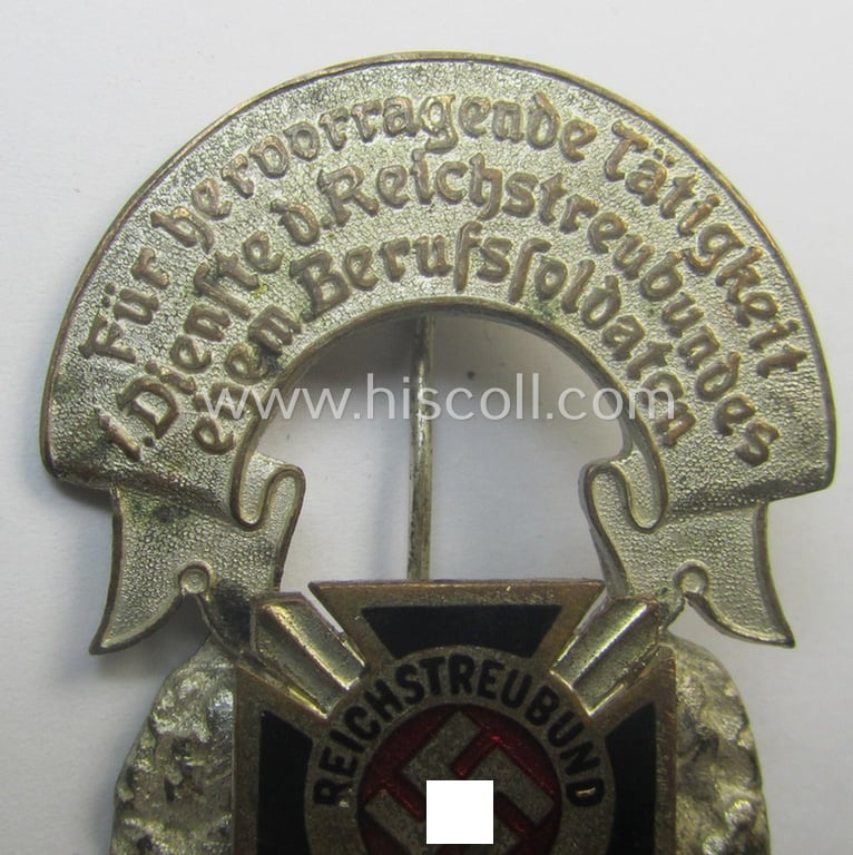 Never before seen honorary-membership lapel-pin (or: 'Mitglieds-Ehrenabzeichen') aka: 'Ehrennadel für hervorragende Tätigkeit i. Dienste d. Reichstreubundes ehem. Berufssoldaten (o. RTB)'
