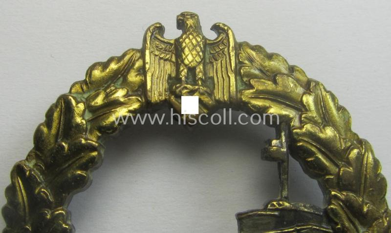 WH (Kriegsmarine) 'Zerstörerkriegsabzeichen' being a non-maker-marked example as executed in 'Buntmetall' (ie. 'Tombak') as was (I deem) produced by the desirable maker (ie. 'Hersteller'): 'GWL' (ie. 'Gebr. Wegerhoff')