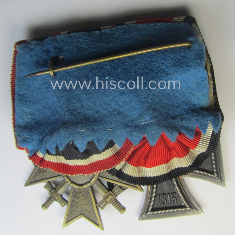 Two-pieced medal-bar (ie. 'Orden- o. Doppelspange') showing resp. an: 'Eisernes Kreuz II. Kl.' and a: 'Kriegsverdienstkreuz II. Klasse mit Schwn.' that both come period-mounted as a: 'Doppelspange'