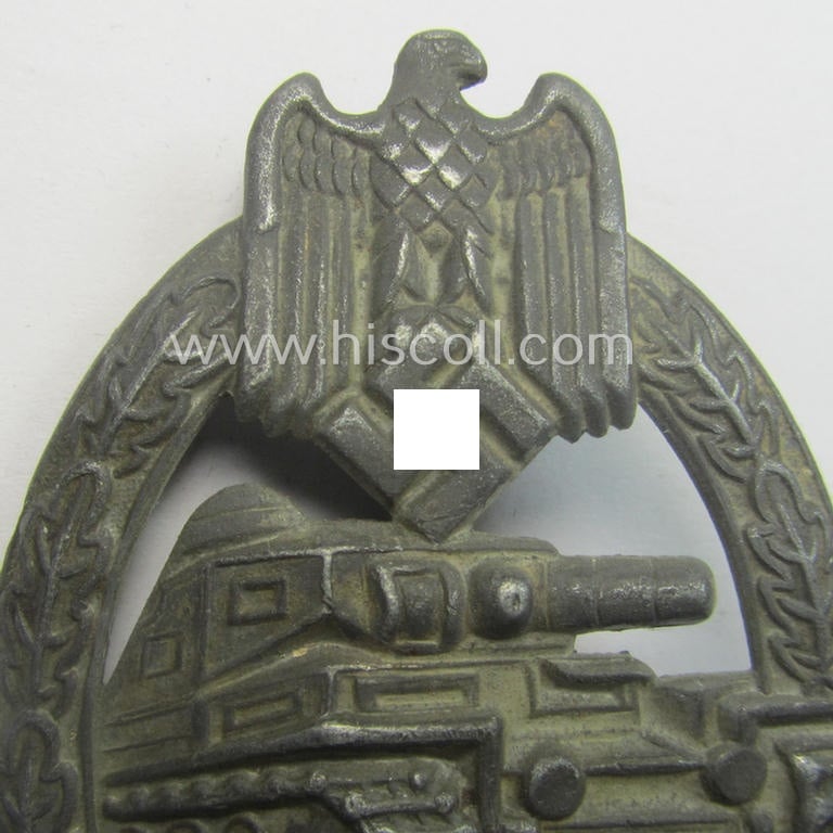Incomplete 'hollow'-styled, 'Panzerkampfabzeichen in Silber' (or: silver-class panzer-assault badge or PAB) being a zinc- (ie. 'Feinzink'-) based version as was procuced by the: 'B.H. Mayer'- (ie. 'Otto Schickle'-) company