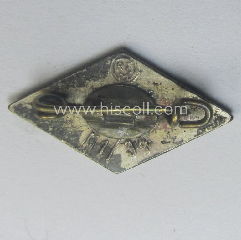 HJ (ie. 'Hitlerjugend') enamelled lapel-pin (ie.: 'Raute') with a: 'RzM - M1/34'-makers'-designation