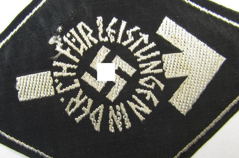 Neat, HJ/BDM- (ie. 'Hitlerjugend'/'Bund Deutscher Mädel'-) so-called: 'Leistungsabzeichen in Silber' (or: silver-class youth sports'-badge) being a cloth-version as executed in the neat: 'BeVo'-weave pattern