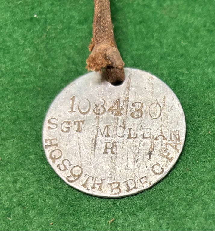 WW1 CEF Identity Disc Sergeant Robert McLean CFA/CAVC