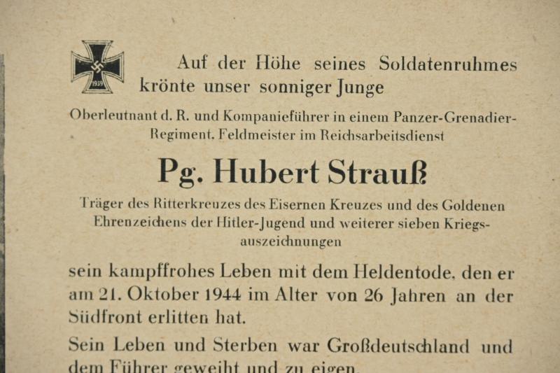 German Deathcard 'Panzer Grenadier Hubert Strauss, Knight's Cross Recipeint