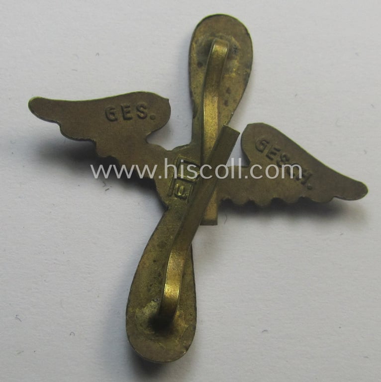 DLV- (ie. 'Deutscher Luftsport Verband'-) related collar-tab-'cypher' (ie. 'Kragenspiegel-Auflage für die Kragenspiegel des DLV') being a 'Buntmetall'-based- and/or maker-marked example that shows a swastika-device