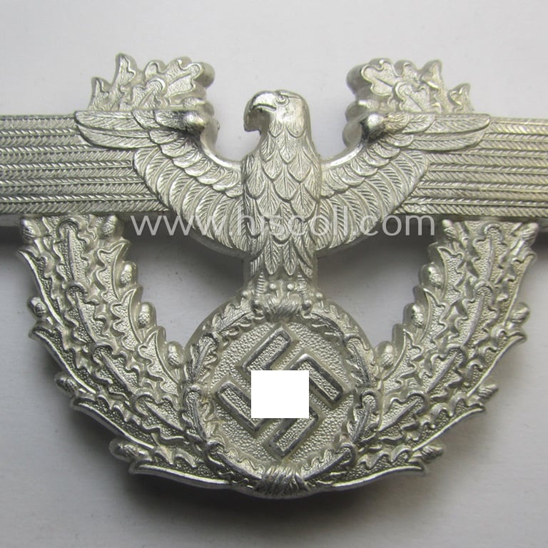 'Polizei' ie. 'Gendarmerie' (police), silver-coloured- and/or alumimium-based, enlisted-mens'- (ie. NCO- or even officers'-) type pouch-eagle (or: 'Adler für Kartuschkasten') being a very detailed and or maker- (ie. 'C.T.D.'-) marked example