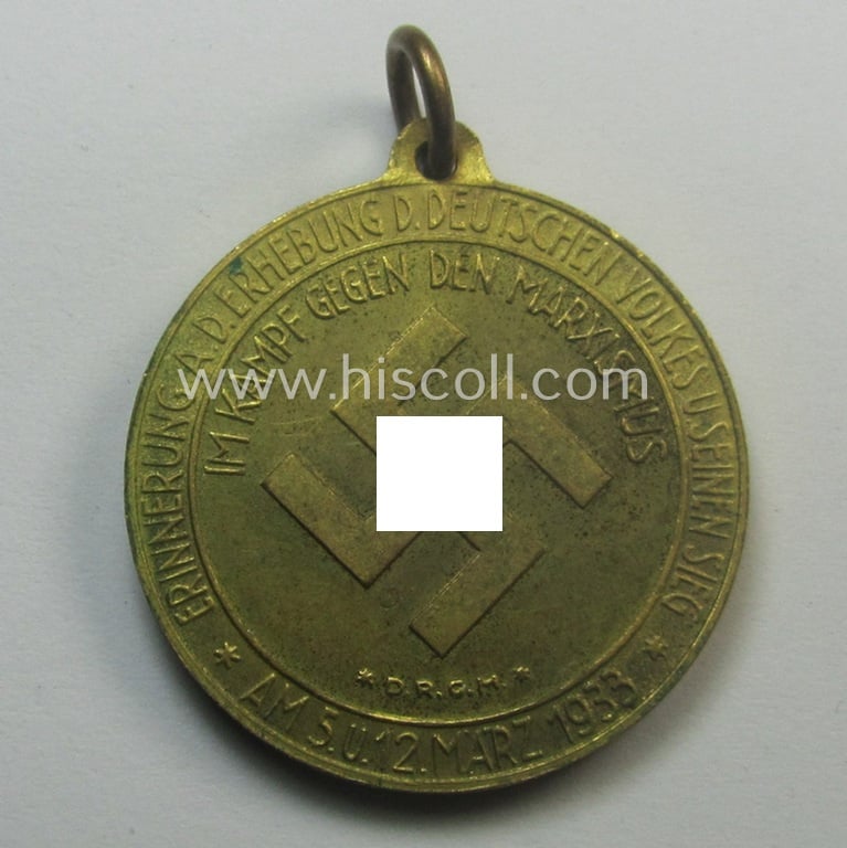 Unusual - and frosted golden-toned! - so-called: patriotic, commemorative-medal (or: 'Veranstaltungsmedaille') that shows the portraits of the: 'Reichskanzler' von Hindenburg and Adolf Hitler and text: 'Deutsche Nationale Erhebung - März 1933'
