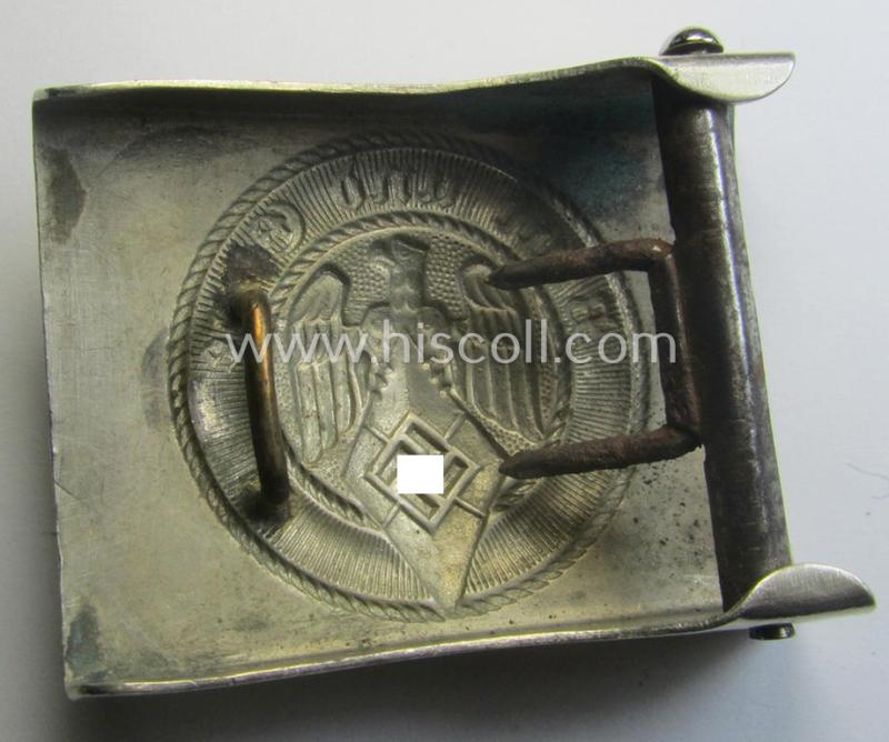 Moderately used, HJ (ie. 'Hitlerjugend') bright-silver-coloured- (ie. nickle-chrome-based and I deem early-pattern) belt-buckle being a non-maker-marked example