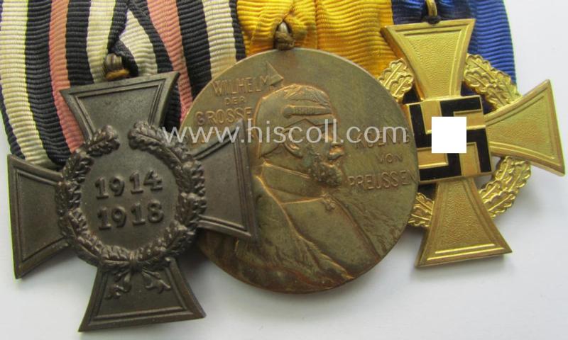 3-pieced, WKI- (ie. TR-) period 'Ordenspange' resp. depicting a: 'Kriegsteilnehmerkreuz ohne Schwn.'), a: Preussen 'Centenarmedaille 1897' and a: 'Treuedienst Ehrenzeichen der 1. Kl.'