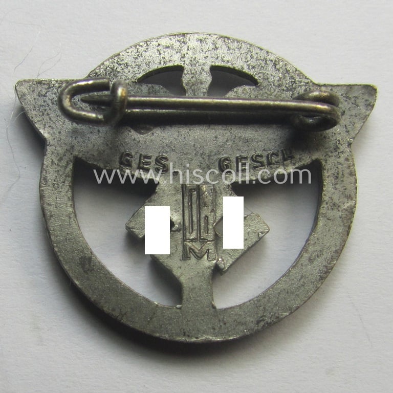 N.S.F.K.- (or: 'National Soc. Flieger Korps'-) related, sponsoring-members'-badge (ie. 'Zivilabzeichen für förderende Mitglieder') being a maker- (ie. 'ML'-) marked example that is also bearing a: 'Ges.Gesch.'-designation