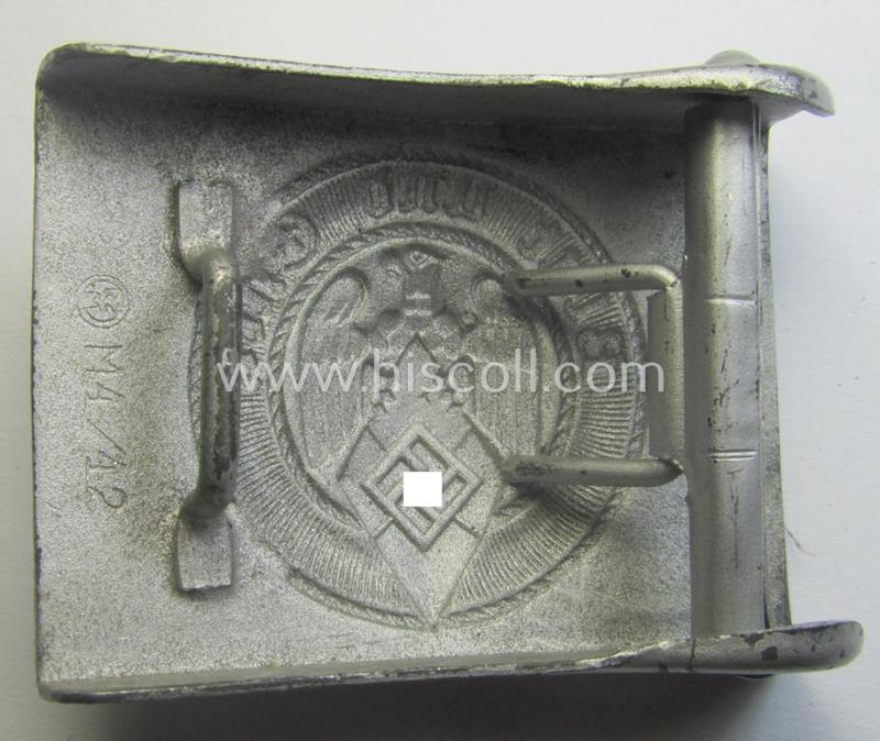 HJ (ie. 'Hitlerjugend') matted silver-coloured- (ie. steel-based- and/or 'silver-sprayed'-pattern) belt-buckle being a neatly maker- (ie. 'RzM M4/42'-) marked example that comes in a just minimally used- ie. worn, condition