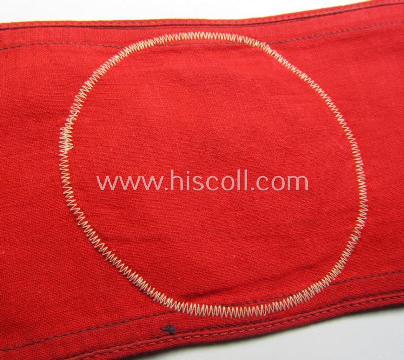 Superb - rarely encountered and just moderately used! - so-called: 'Allgemeine-SS'-related armband (ie. 'Armbinde') being a printed specimen showing a separately-applied (and neatly 'BeVo'-woven!)  swastika (ie. roundel) attached