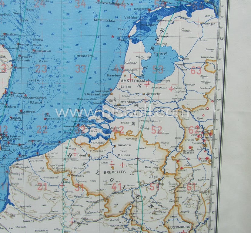 Very interesting, specific WH (Luftwaffe) linnen-based, navigation flight-map (ie. 'Luft-Navigationskarte in Merkatorprojektion') depicting the UK, Ireland, Northern France, Belgium and the Netherlands, dated '1941'