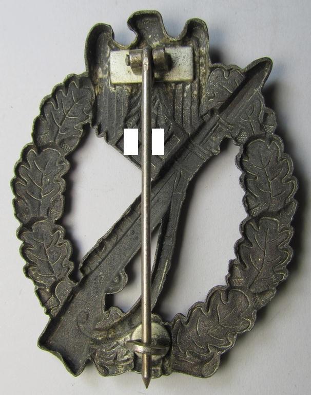 Attractive, 'hollow-back' 'Infanterie Sturmabzeichen in Silber' (or: silver infantry-assault badge ie. IAB) being a non-maker-marked example as executed in zinc-based metal (ie. 'Feinzink') as was produced by the: 'Wilh. Deumer'-company