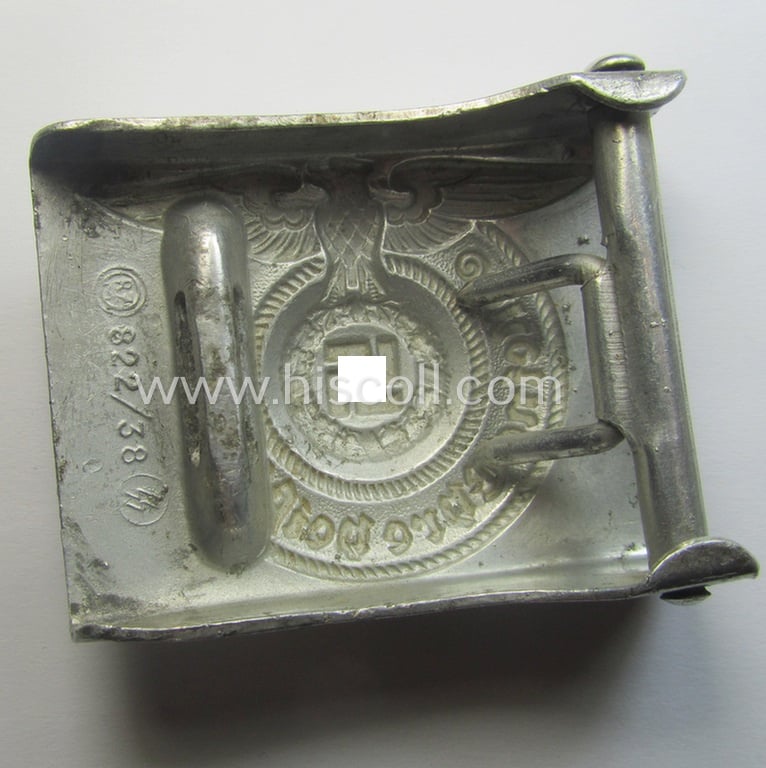 Attractive, SS- (ie. Waffen-SS), aluminium-based enlisted-mens'- (ie. NCO-type-) belt-buckle being a neatly maker- (ie. 'RzM - 822/38 SS'-) marked example that comes in a clearly used- ie. worn, condition