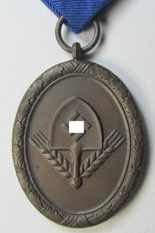 Attractive example of a: RAD (ie. 'Reichsarbeitsdienst'): 'Dienstauszeichnung 4. Stufe für Männer' as was intended for 4 years loyal-service and that comes mounted onto its period (broad-sized) ribbon (ie. 'Bandabschnitt')