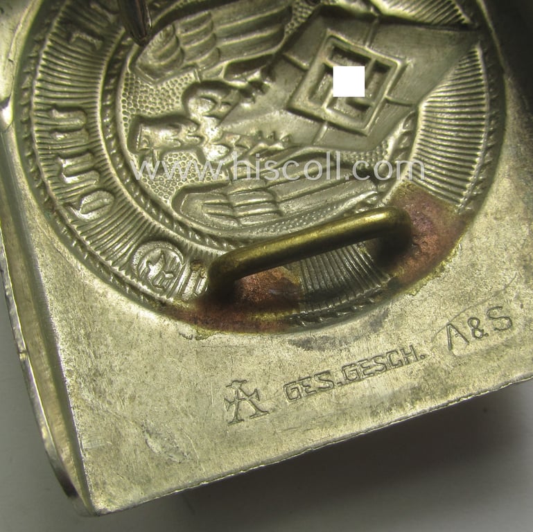 HJ (ie. 'Hitlerjugend') nickle-chrome-based belt-buckle being a neatly (double!) maker (ie. 'A'-logo and 'A&S' thus by 'Assmann & Söhne') marked specimen