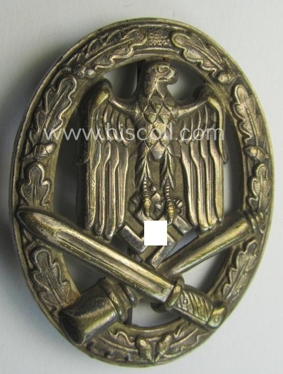 Attractive - and moderately used- ie. worn! - 'Allgemeines Sturmabzeichen' (or: General Assault Badge ie. GAB) being a (typical) unmarked 'Buntmetall'-based and/or scarcely seen 'hollow-back'-version as produced by the: 'Otto Schickle'-compan...