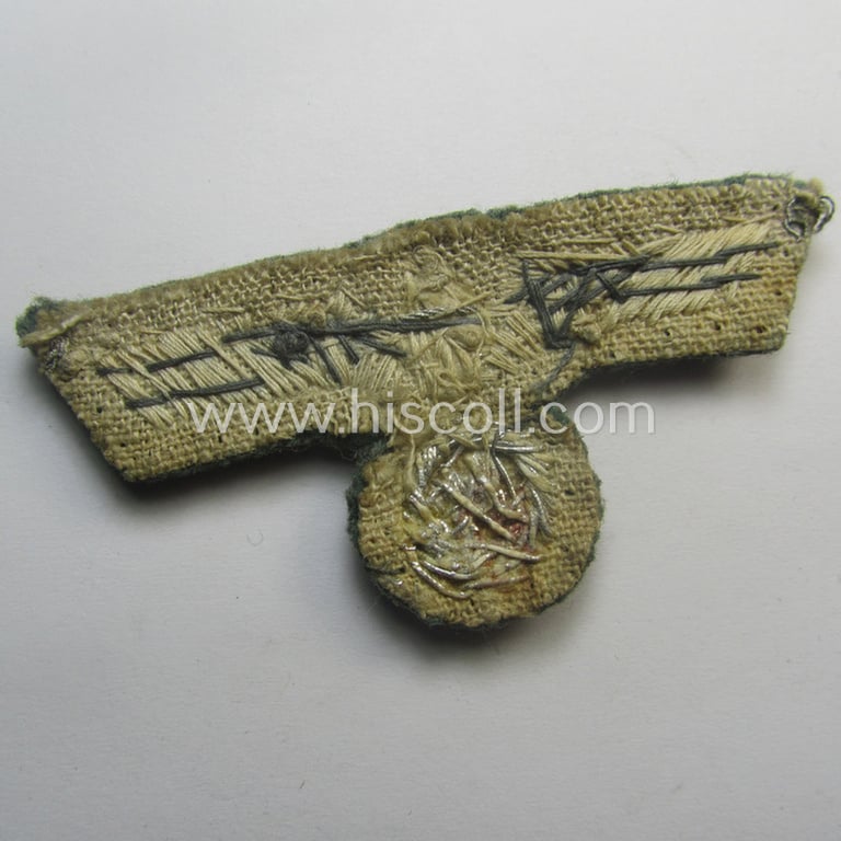 Clearly used- and/or cap-removed, WH (Heeres) officers'-pattern, visor-cap eagle (ie. 'Adler für Schirmmütze') being a hand-embroidered example that comes mounted onto a field-grey-coloured- and/or woolen-based background