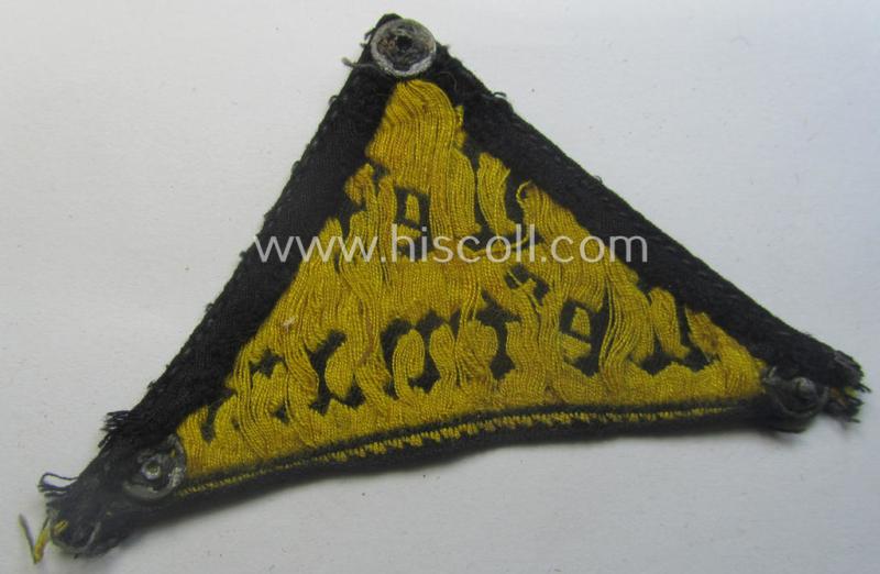 Truly used- and/or tunic-removed, HJ/BDM ('Hitlerjugend' ie.: 'Bund Deutscher Mädel') district-triangle (ie. 'Gebietsdreieck') entitled: 'West Westmark' (being a used example that is void of an 'RzM'-etiket)