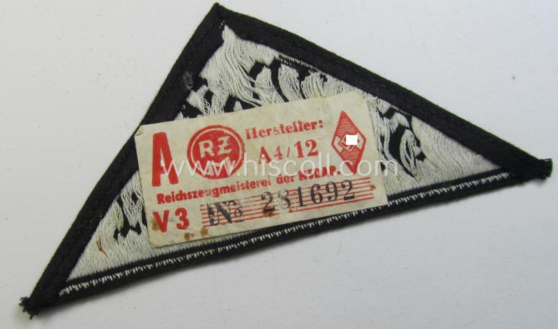 'HJ' ('Hitlerjugend') ie. 'BDM'- ('Bund Deutscher Mädel') district-triangle (ie. 'Gebietsdreieck') entitled: 'West Hessen-Nassau' (being a hardly used- nor worn example that still retains its period-attached 'RzM'-etiket)