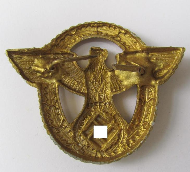 Bright-golden-toned- and/or 'Feinzink'-based, 'Polizei'-visor-cap eagle, being a maker- (ie. 'G.W.41'-) marked example, as was intended for usage on the various: 'Wasserschützpolizei' (or: general-officers') visor-caps (ie. 'Schirmmützen'
