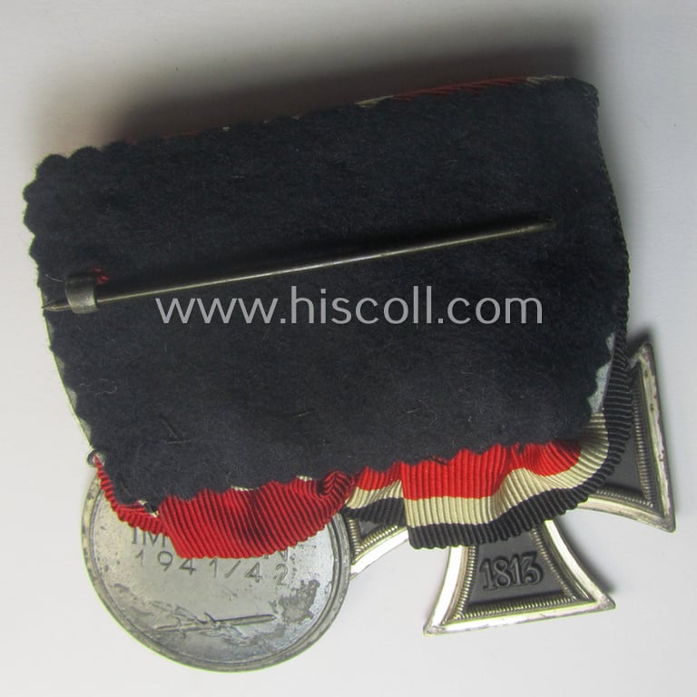 Minimally used example of a two-pieced WH (Heeres, LW o. KM etc.) medal-bar (ie. 'Orden- o. Doppelspange') showing resp. an: 'EKII. Kl.' and a medal: 'Winterschlacht im Osten 1941-42'