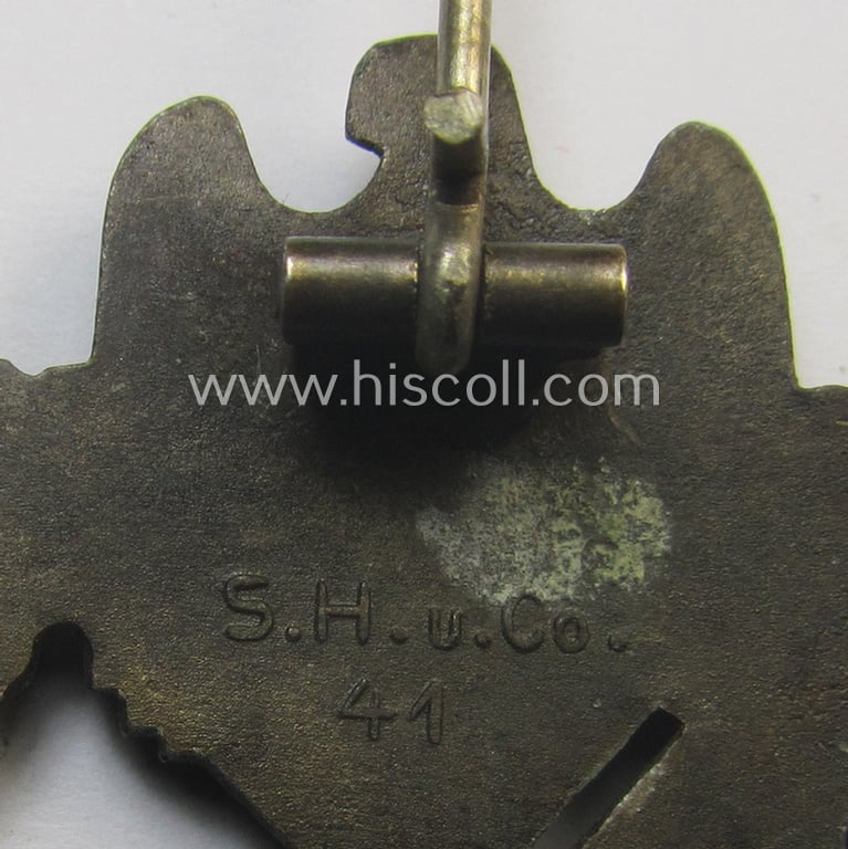 Superb - and very detailed! - 'Infanterie Sturmabzeichen in Bronze' (or: bronze-class infantry assault-badge ie. IAB) being a maker- (ie. 'S.H.u.C.o. 41'-) marked example as executed in bronze-toned, zinc-based metal (ie. 'Feinzink')