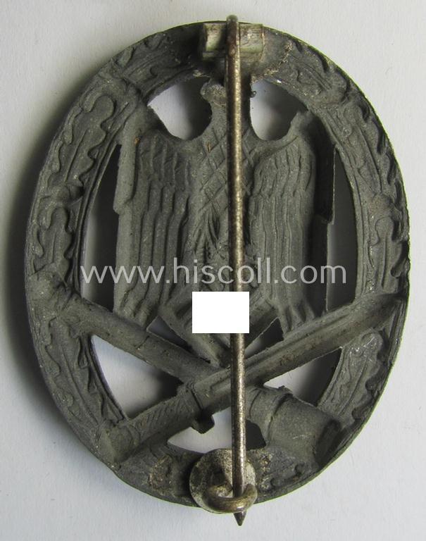 Attractive - and actually very scarely seen! - 'Allgemeines Sturmabzeichen' (or: General Assault Badge ie. GAB) being a non-maker-marked, zinc- ie. 'Feinzink'-based, 'hollow'-variant as was produced by the: 'Hymmen & Co.'-company