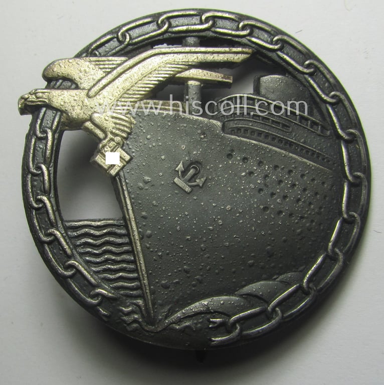 Attractive - and complete! - set comprising of a WH (KM) 'Blockadebrecher-Kriegsabzeichen' being a maker- (ie. 'Schwerin'-) marked example that comes together with its accompanying 'Halbminiatur' as stored in its (damaged- ie. relic) etui