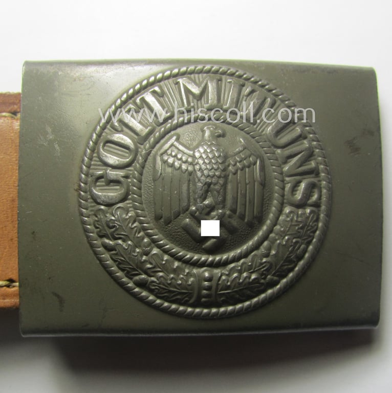 Superb, WH (Heeres) field-grey-coloured- and/or steel-based belt-buckle, being a maker- (ie. 'J. C. Maedicke'-) marked- and/or: '1941'-dated example on its leather-based tab and that comes in a wonderful almost mint-, condition