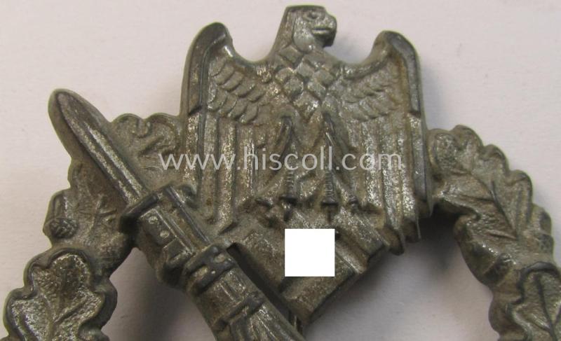 Attractive - surely worn but truly detailed! - 'Infanterie Sturmabzeichen in Silber' (or: silver-class infantry assault-badge ie. IAB) being a maker- (ie. 'HA'- ie. 'Hermann Aurich') marked example as executed in zinc-based metal (ie. 'Feinzin...