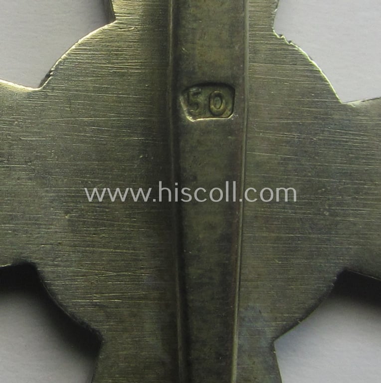 'Kriegsverdienstkreuz 1. Kl. ohne Schwn.' being a clearly maker- (ie. '50'-) marked and/or: 'Buntmetall'-based specimen by the: 'Karl Gschiermeister'-company