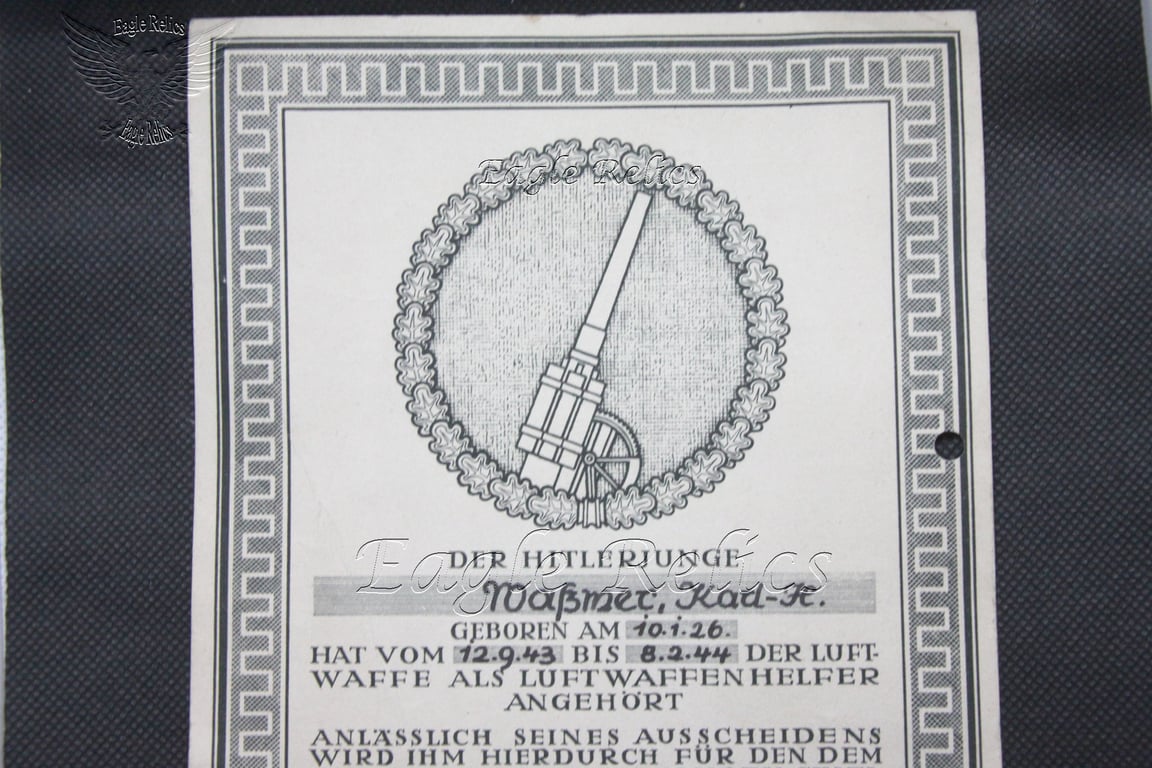 Hitler Youth Flak Helper   certificate – - Ex Phillip Baker Collection
